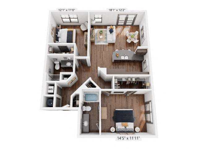 Floor plan for 2 beds, 2 baths, 1121 sqft