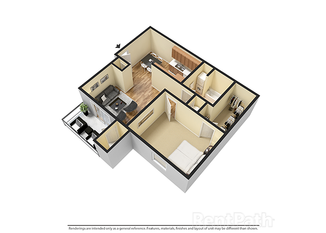 Floor plan for 1 bed, 1 bath, 706 sqft