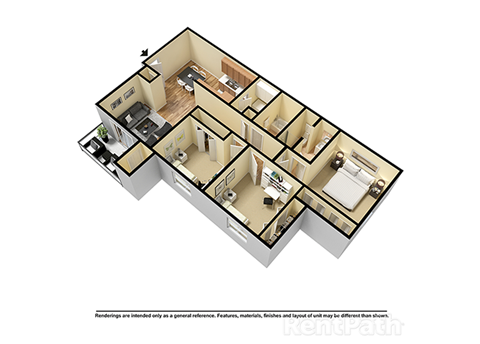 Floor plan for 3 beds, 2 baths, 1062 sqft