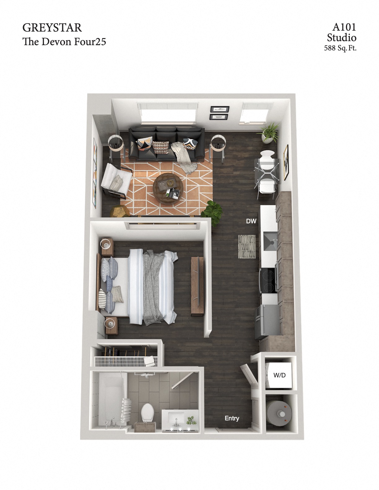 Floor plan for studio, 1 bath, 600 sqft
