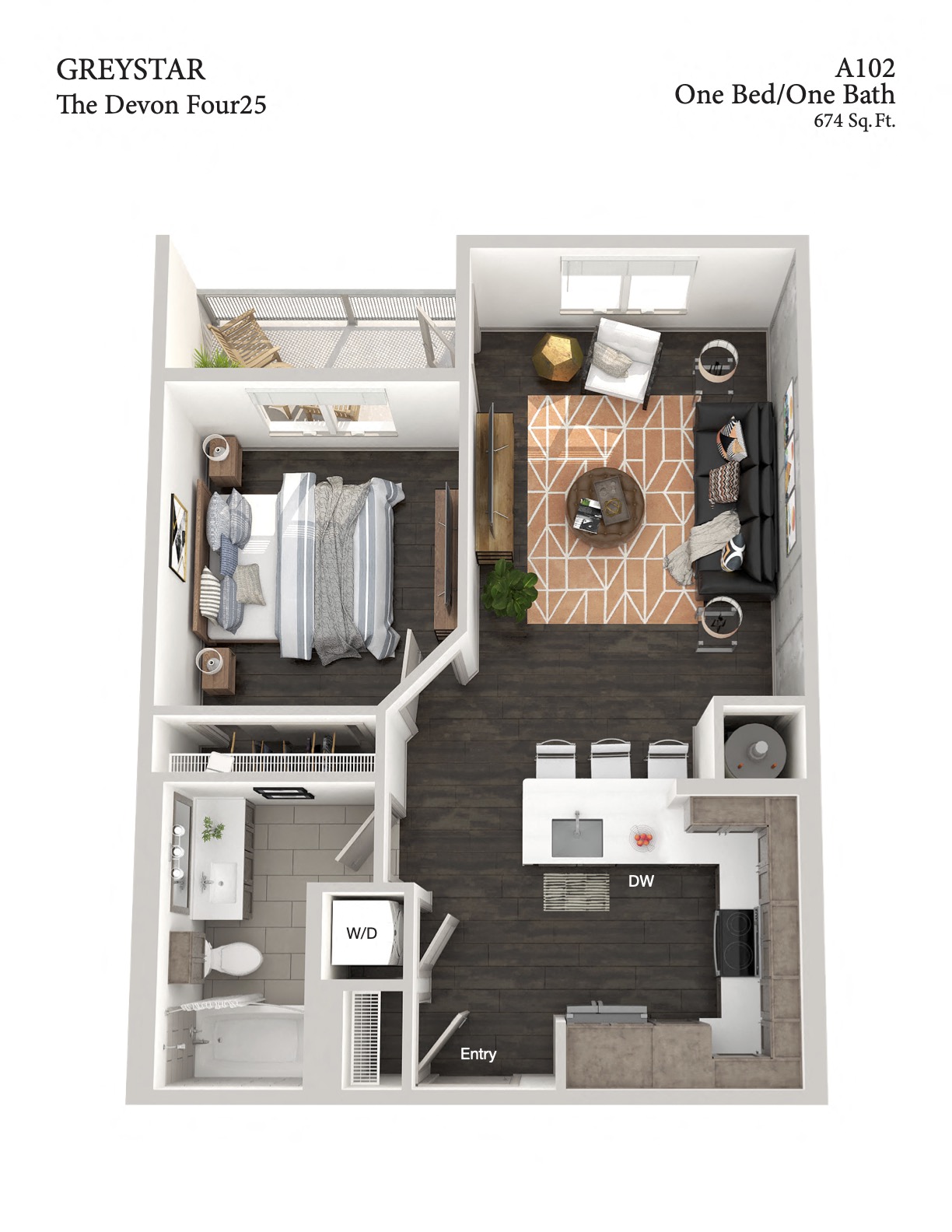 Floor plan for 1 bed, 1 bath, 674 sqft
