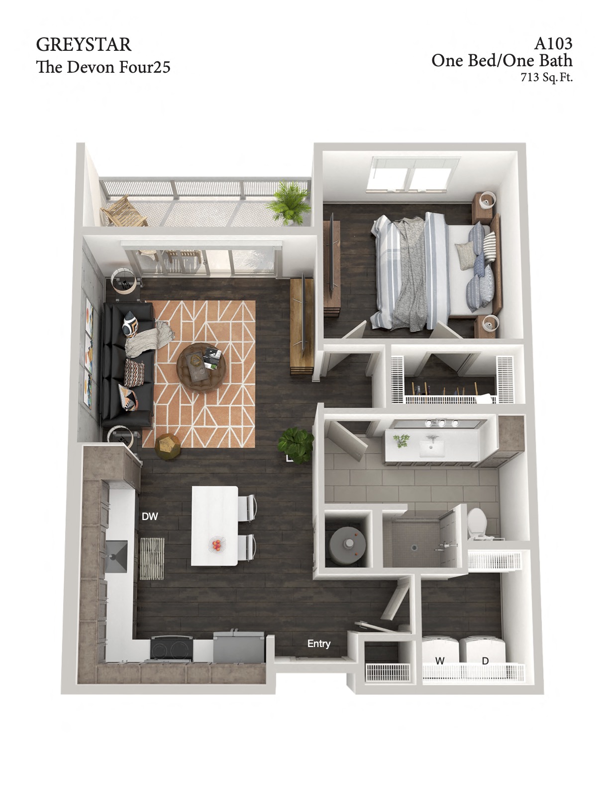 Floor plan for 1 bed, 1 bath, 713 sqft