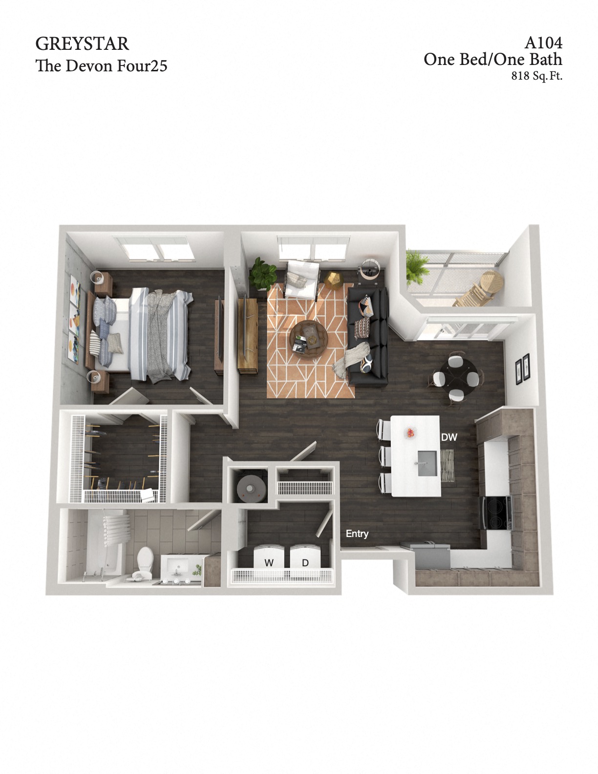 Floor plan for 1 bed, 1 bath, 818 sqft