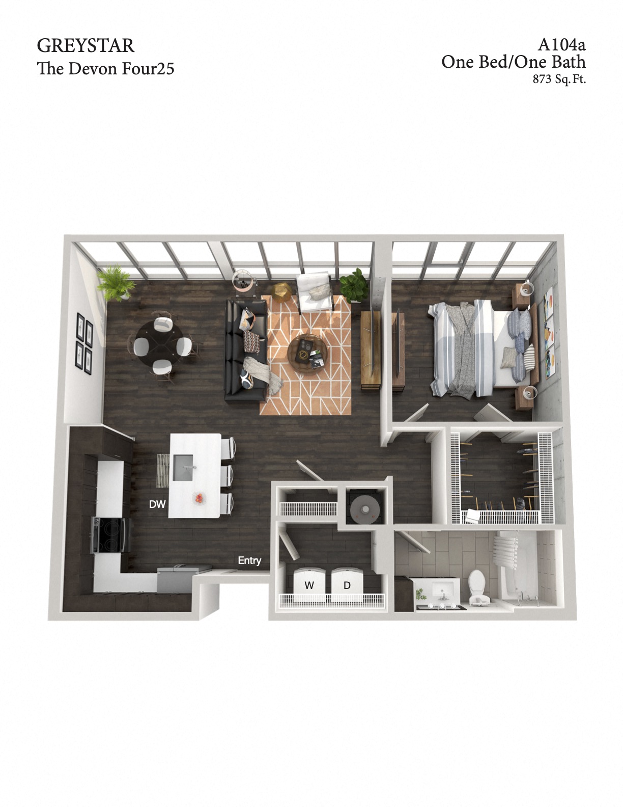 Floor plan for 1 bed, 1 bath, 873 sqft