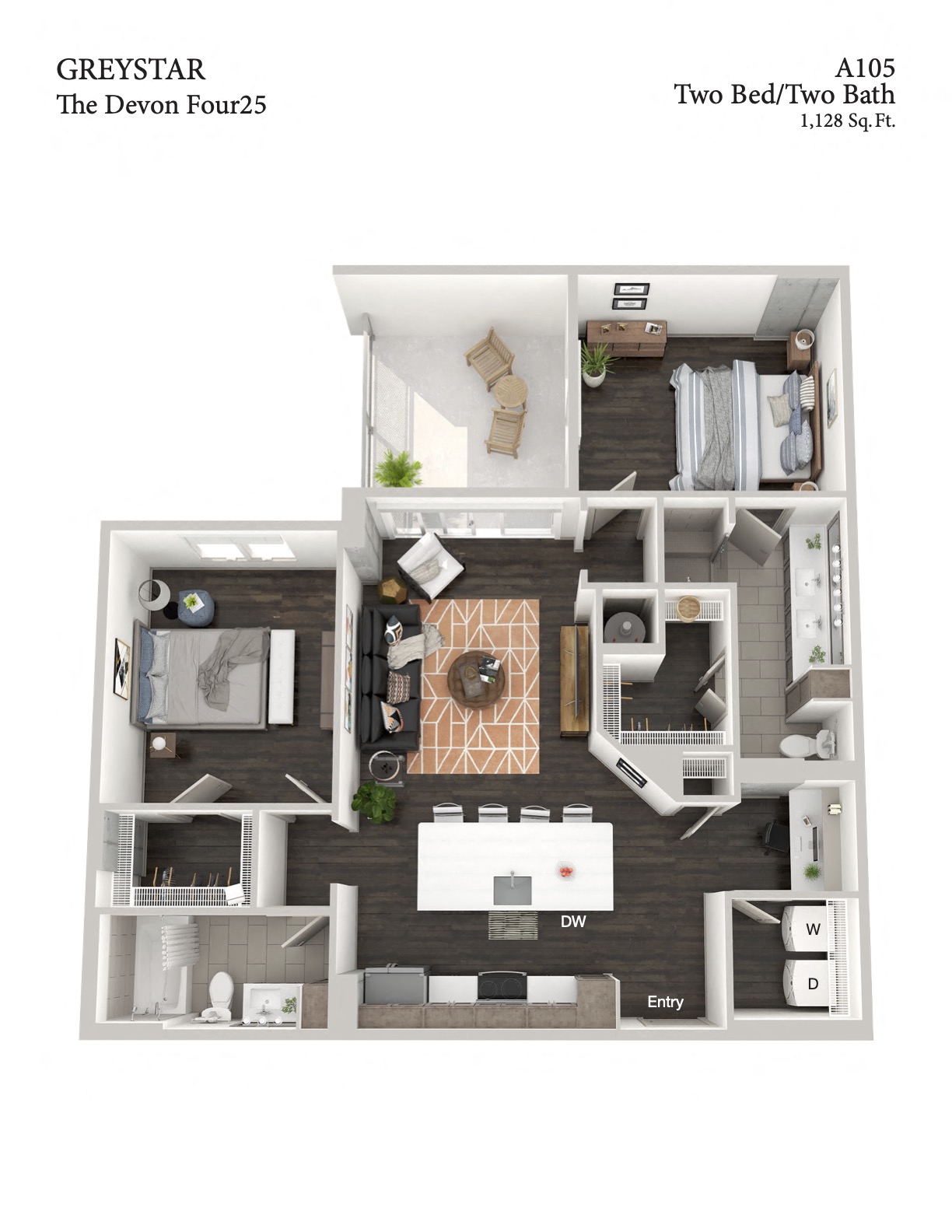 Floor plan for 2 beds, 2 baths, 1128 sqft