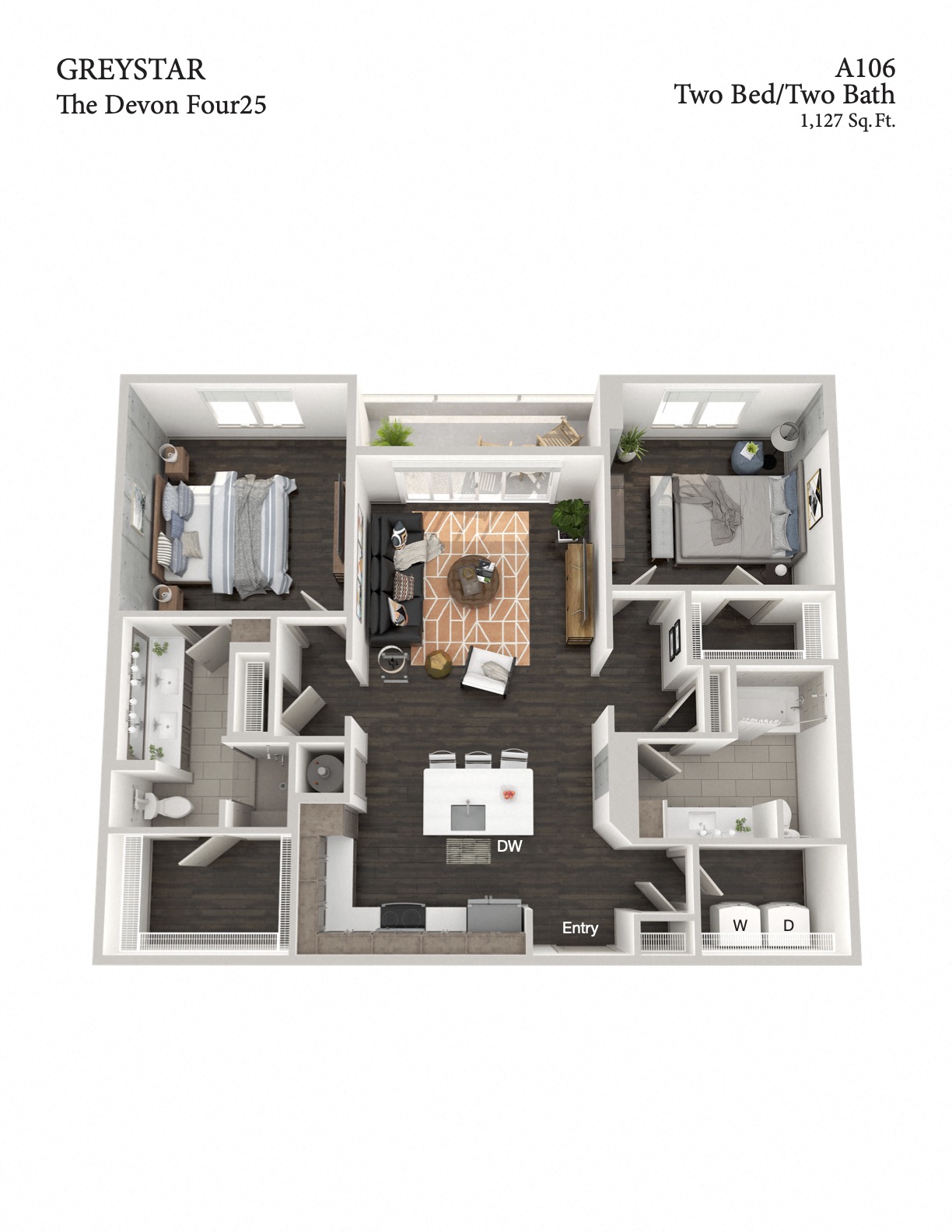 Floor plan for 2 beds, 2 baths, 1127 sqft