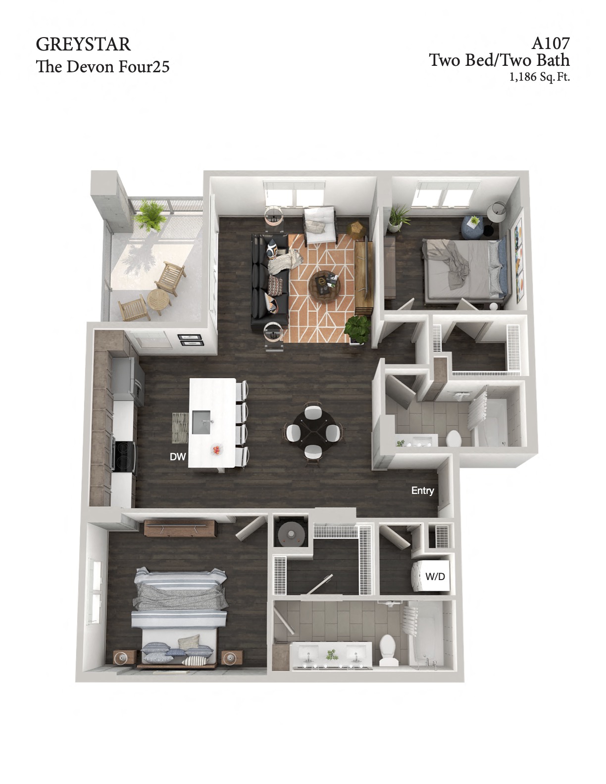 Floor plan for 2 beds, 2 baths, 1186 sqft