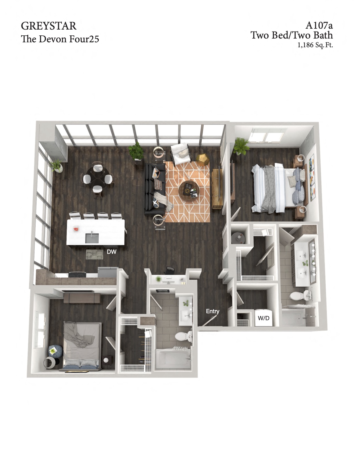Floor plan for 2 beds, 2 baths, 1281 sqft