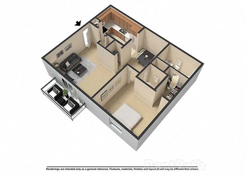 Floor plan for 1 bed, 1.5 baths, 710 sqft