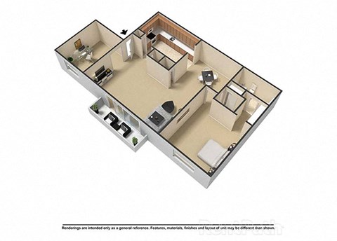 Floor plan for 1 bed, 1.5 baths, 886 sqft