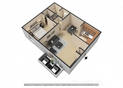 Floor plan for 1 bed, 1 bath, 686 sqft