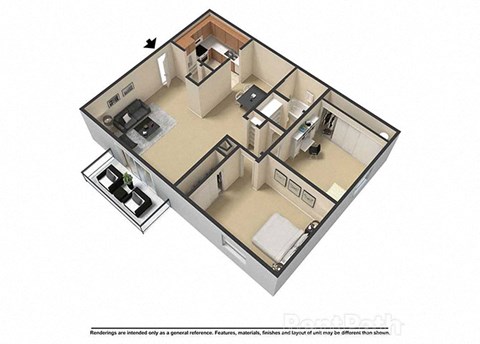 Floor plan for 2 beds, 1 bath, 910 sqft