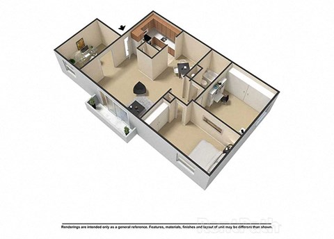 Floor plan for 2 beds, 1 bath, 993 sqft