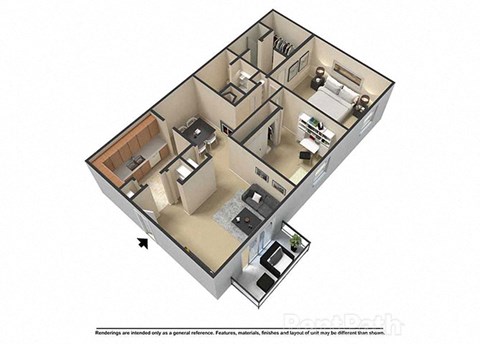 Floor plan for 2 beds, 2 baths, 1072 sqft