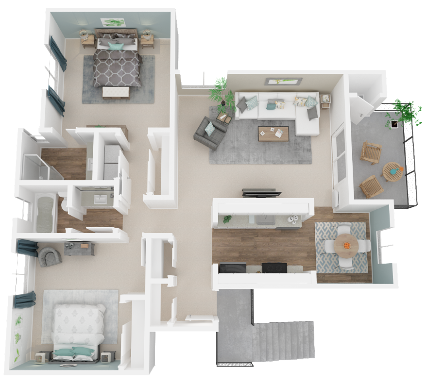 Floor plan for 2 beds, 2 baths, 1032 sqft