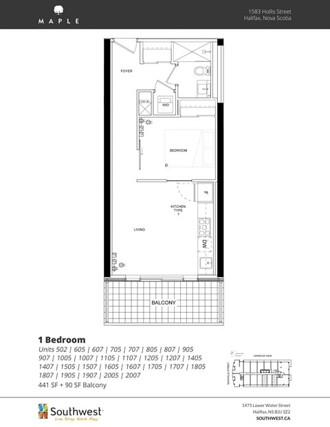 Floor plan for 1 bed, 1 bath, 441 sqft