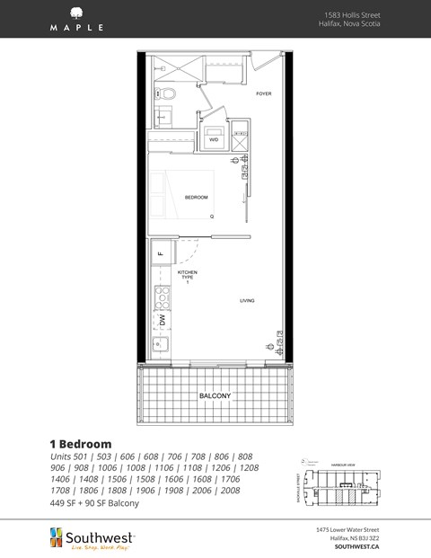 Floor plan for 1 bed, 1 bath, 449 sqft