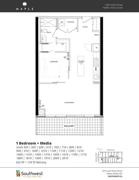 Floor plan for 1 bed, 1 bath, 622 sqft