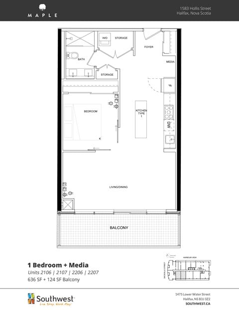Floor plan for 1 bed, 1 bath, 636 sqft