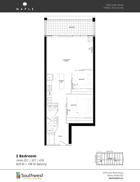 Floor plan for 2 beds, 1 bath, 829 sqft