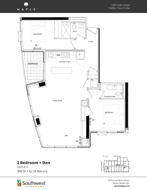 Floor plan for 2 beds, 1.5 baths, 900 sqft