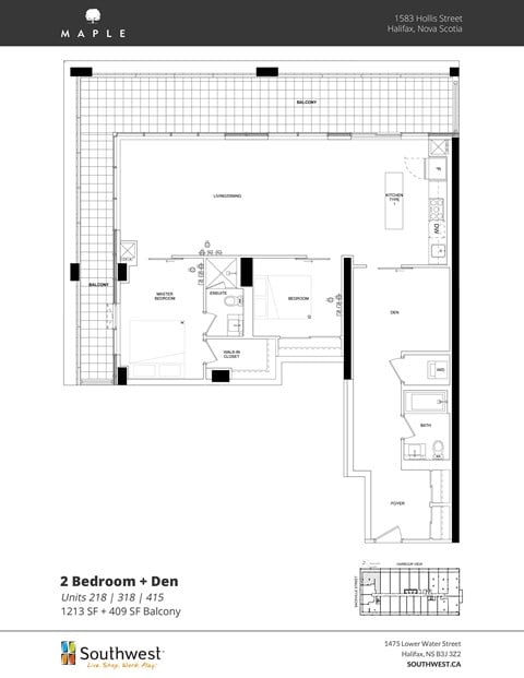 Floor plan for 2 beds, 2 baths, 1213 sqft