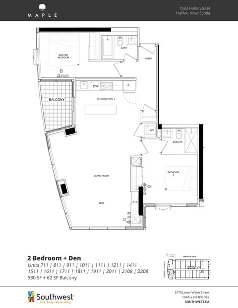 Floor plan for 2 beds, 2 baths, 930 sqft