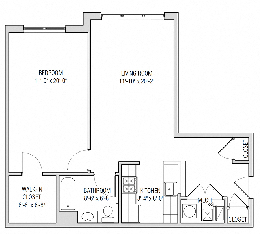 Floor plan for 1 bed, 1 bath, 791 sqft