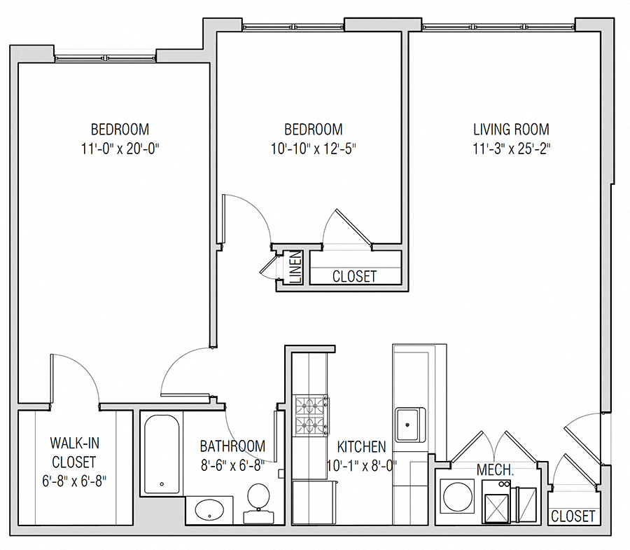 Floor plan for 2 beds, 1 bath, 965 sqft