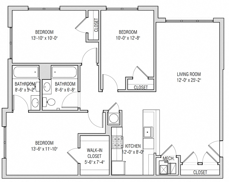 Floor plan for 3 beds, 2 baths, 1207 sqft