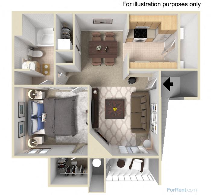 Floor plan for 1 bed, 1 bath, 745 sqft