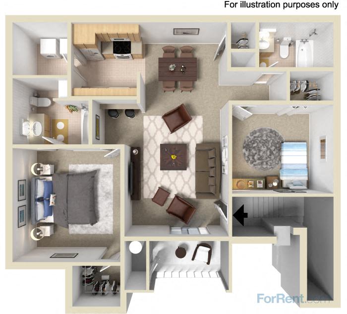 Floor plan for 2 beds, 2 baths, 1015 sqft