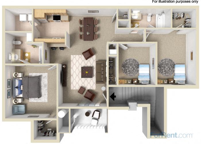 Floor plan for 3 beds, 2 baths, 1205 sqft