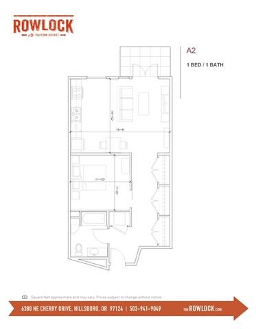 Floor plan for 1 bed, 1 bath, 685 sqft