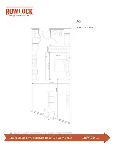 Floor plan for 1 bed, 1 bath, 881 sqft