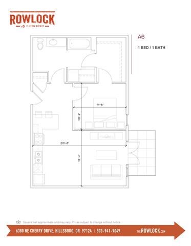 Floor plan for 1 bed, 1 bath, 722 sqft