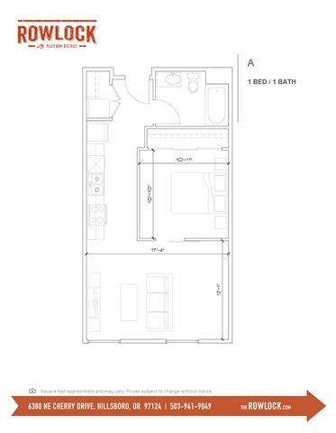 Floor plan for 1 bed, 1 bath, 597 sqft