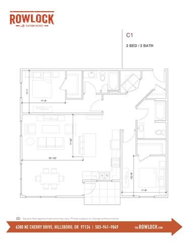 Floor plan for 2 beds, 2 baths, 1127 sqft