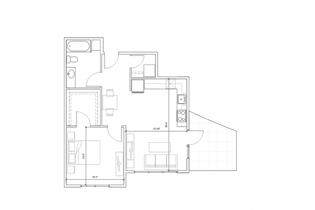 Floor plan for 1 bed, 1 bath, 685 sqft