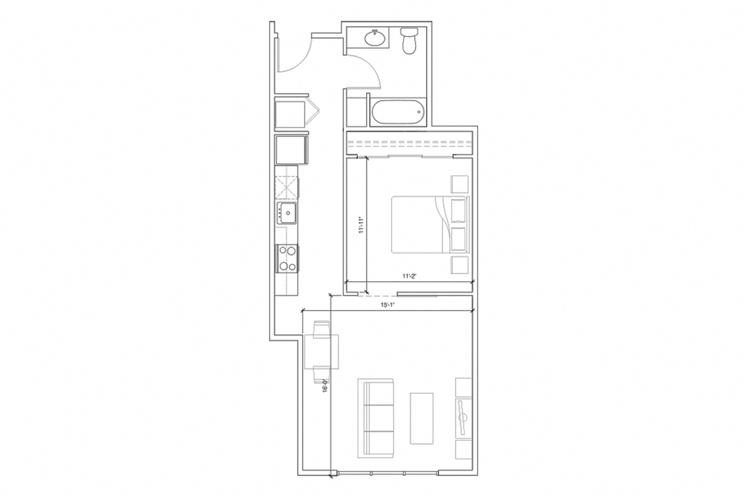 Floor plan for 1 bed, 1 bath, 652 sqft