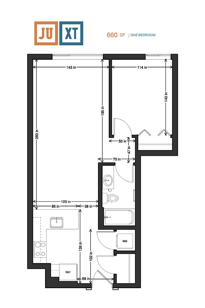 Floor plan for 1 bed, 1 bath, 675 sqft