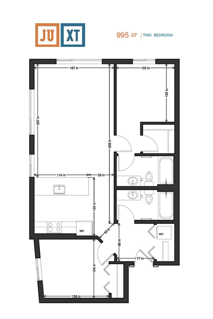 Floor plan for 2 beds, 2 baths, 1098 sqft