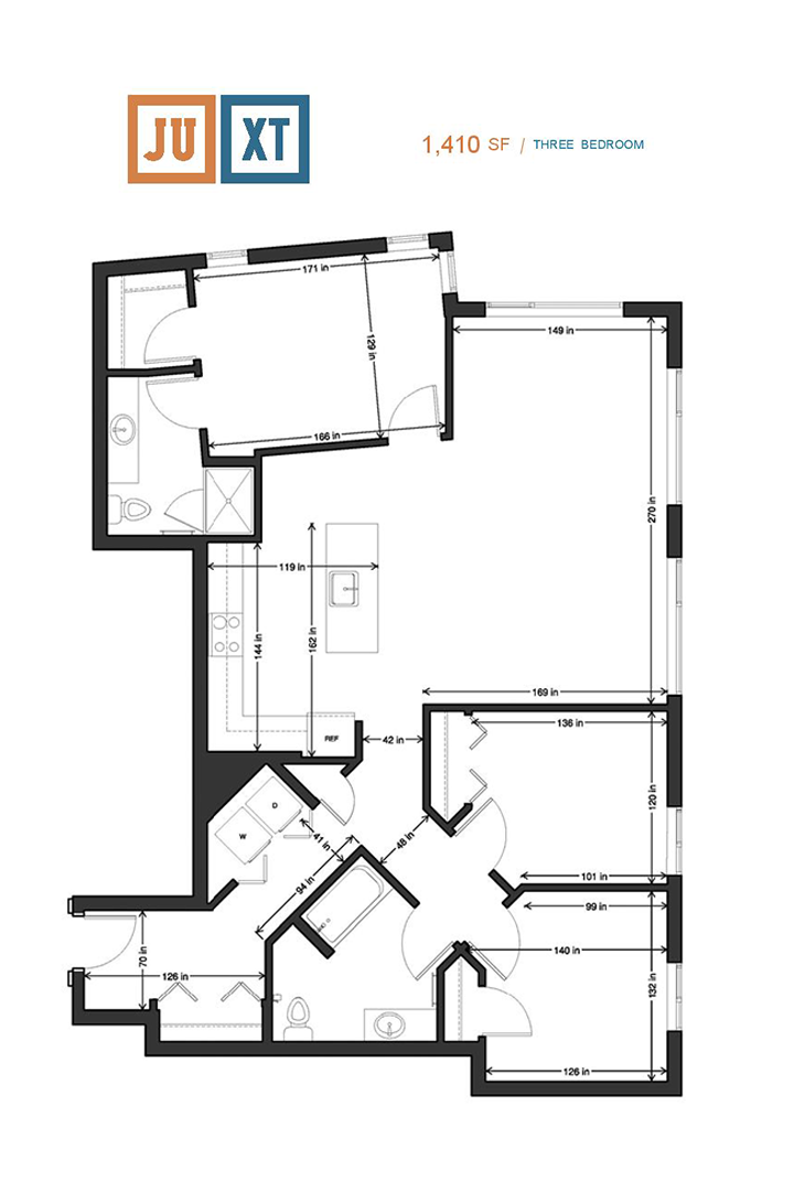 Floor plan for 3 beds, 2 baths, 1409 sqft