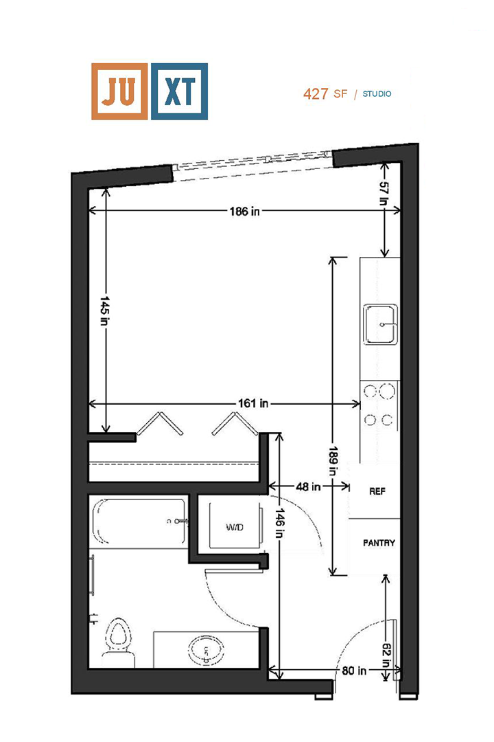 Floor plan for studio, 1 bath, 583 sqft