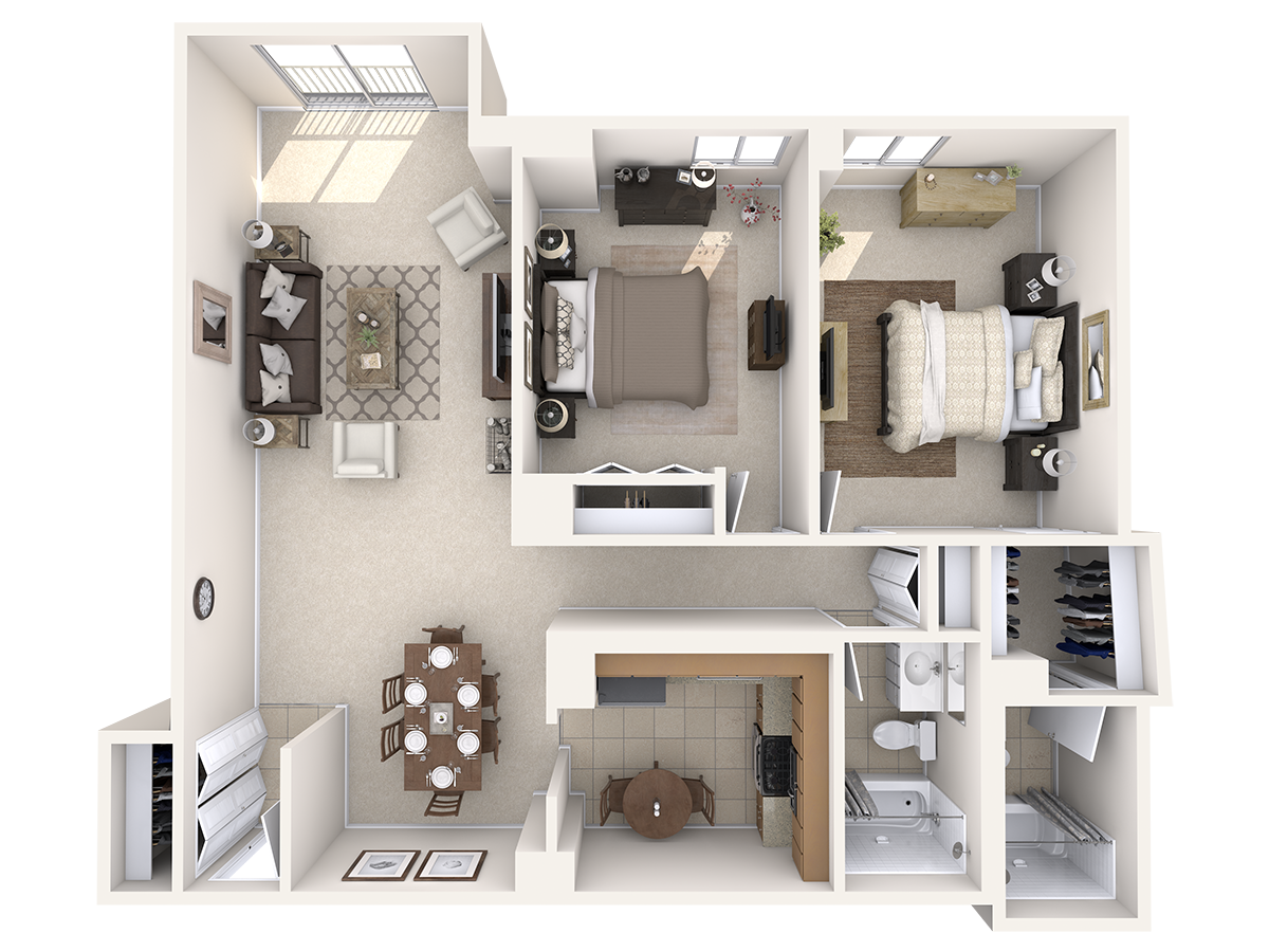 Floor plan for 2 beds, 2 baths, 1133 sqft