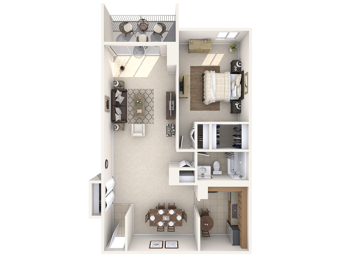 Floor plan for 1 bed, 1 bath, 1021 sqft