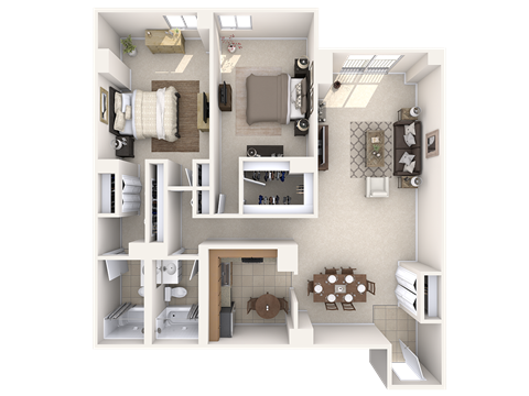 Floor plan for 2 beds, 2 baths, 1364 sqft