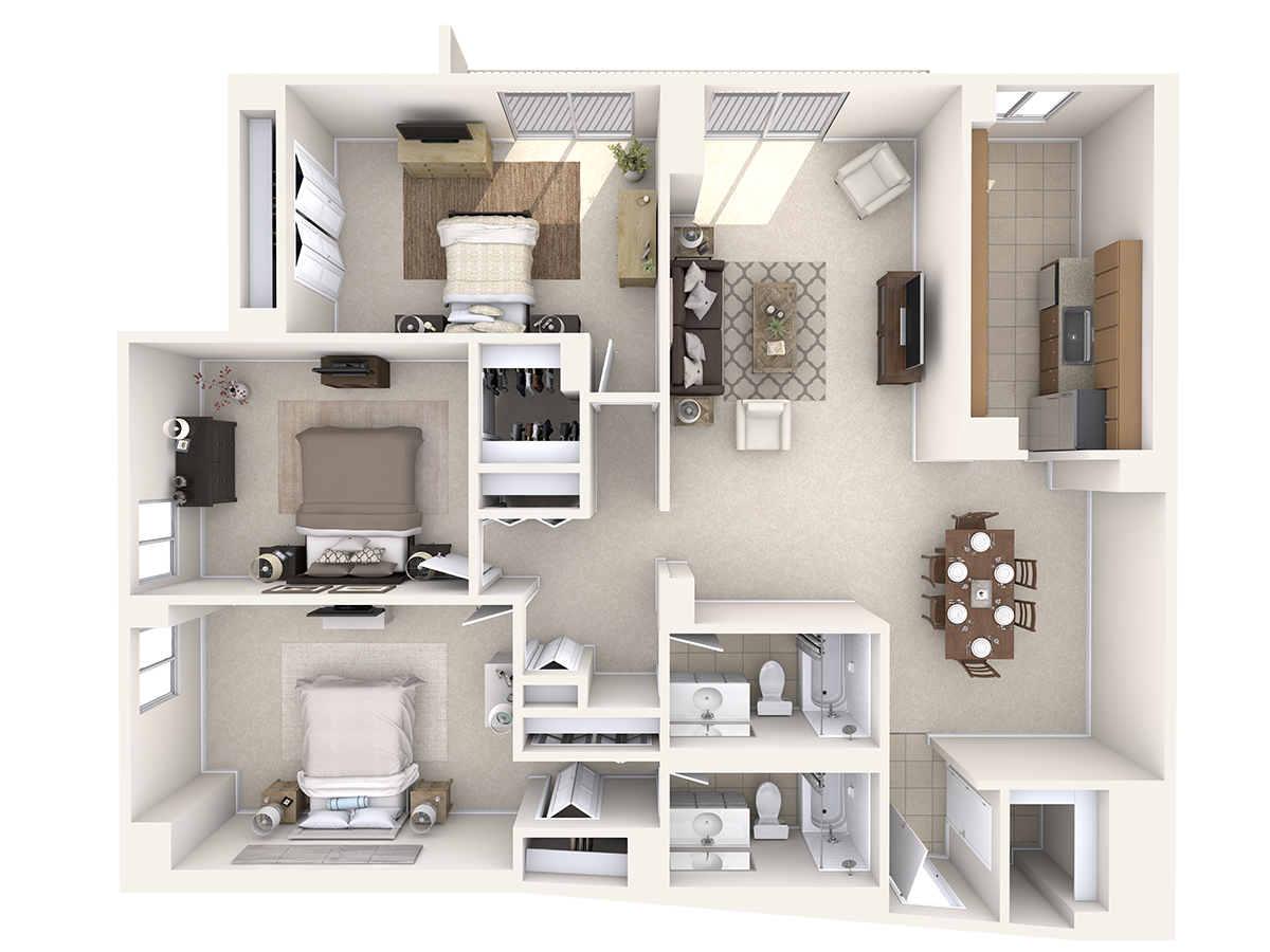 Floor plan for 3 beds, 2 baths, 1590 sqft