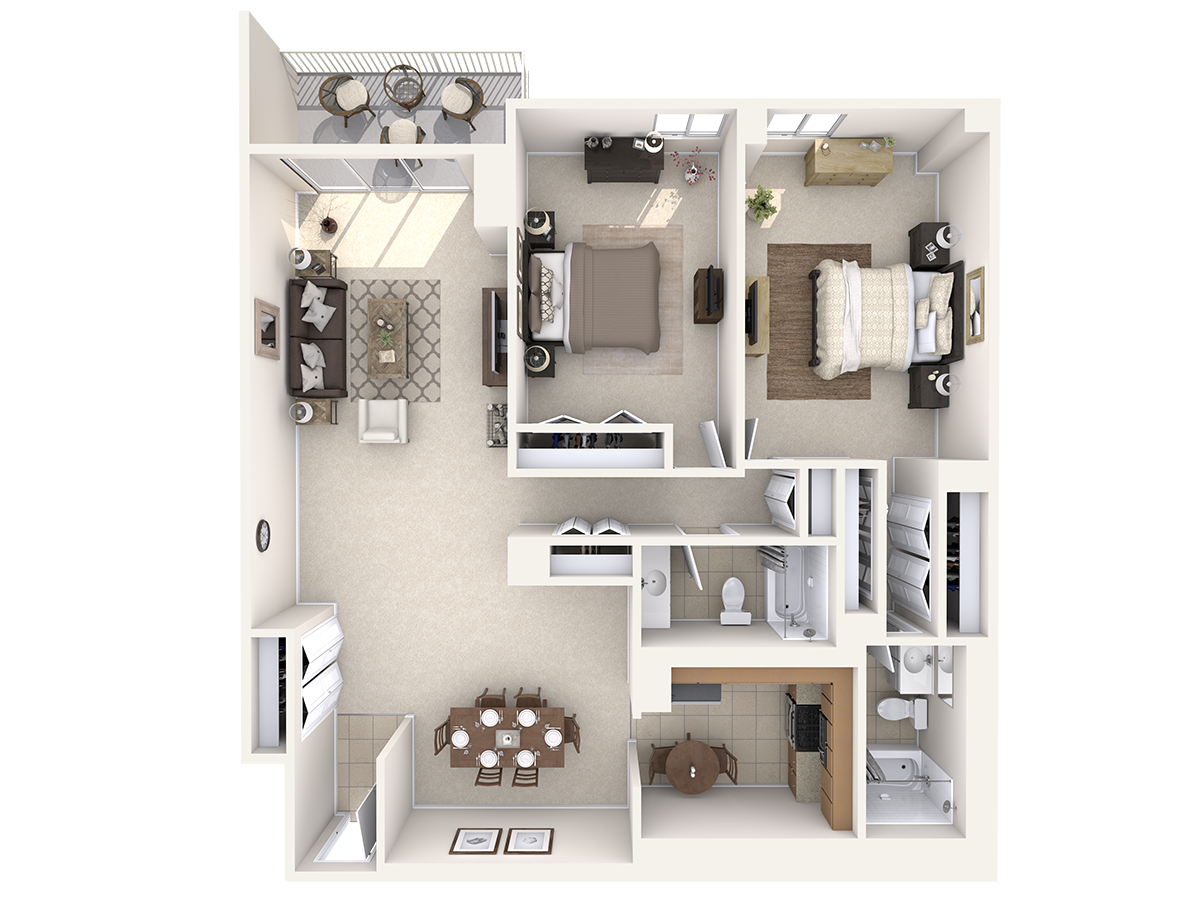 Floor plan for 2 beds, 2 baths, 1340 sqft