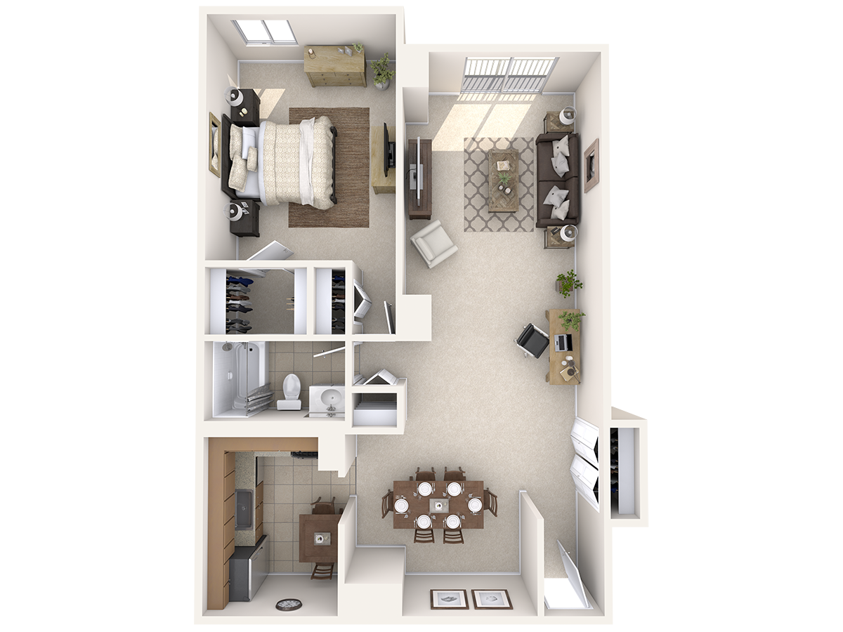 Floor plan for 1 bed, 1 bath, 923 sqft